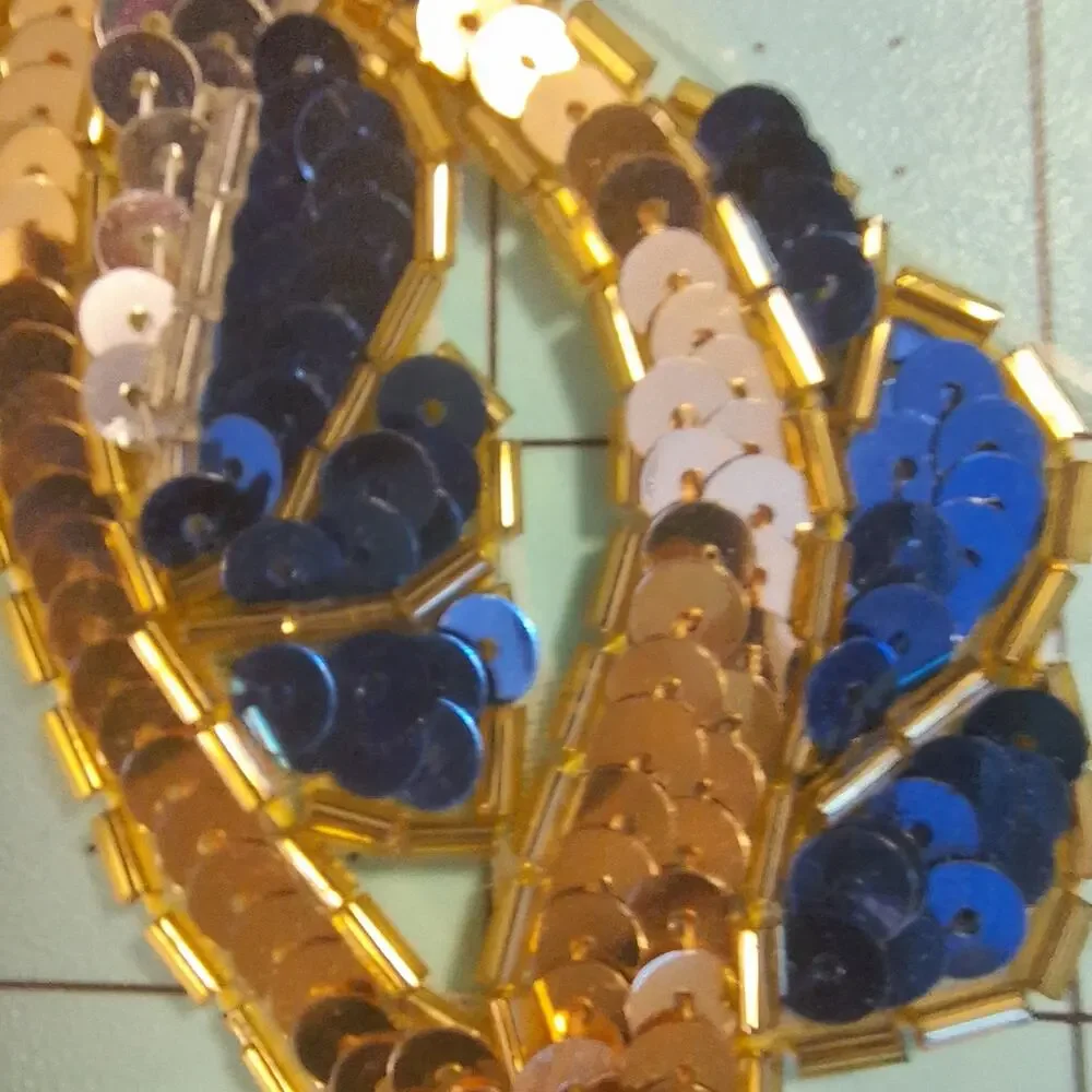Blue gold silver sequin and bead appliques 2 mirror pairs